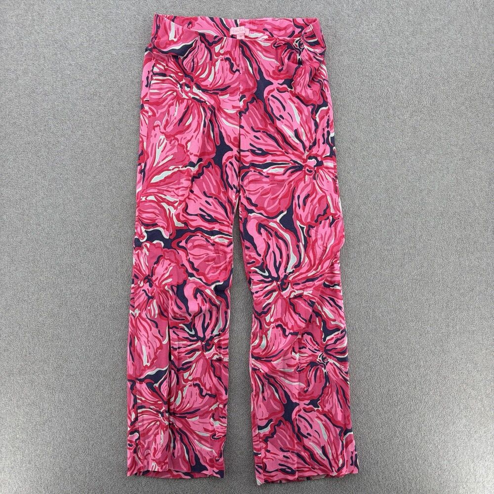 Lilly Pulitzer Womens XS Pink Floral Pull On Pants Rayon Stretch Straight Leg